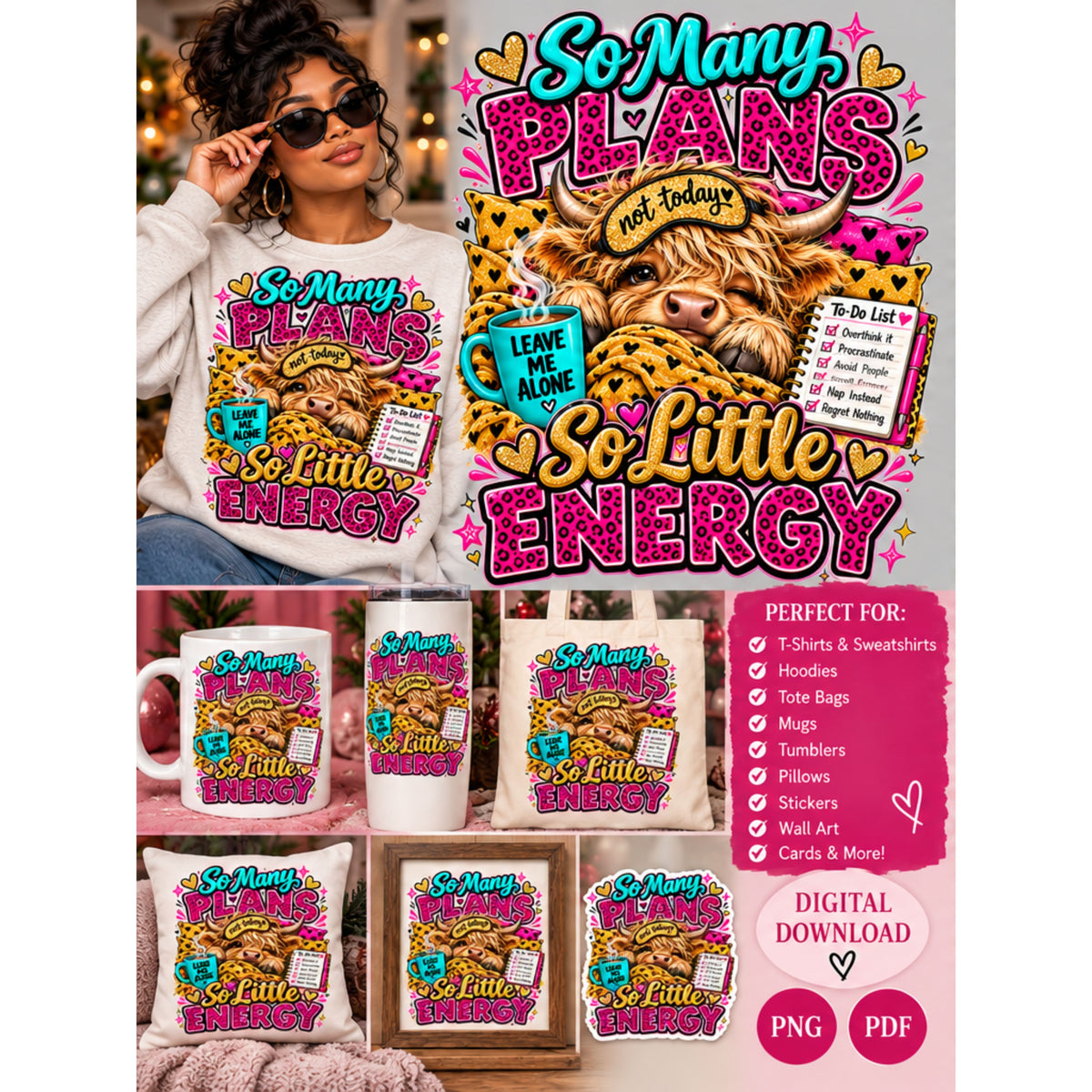 So Many Plans, So Little Energy Vibes Digital Art Print — Teal, Gold & Pink Leopard Print