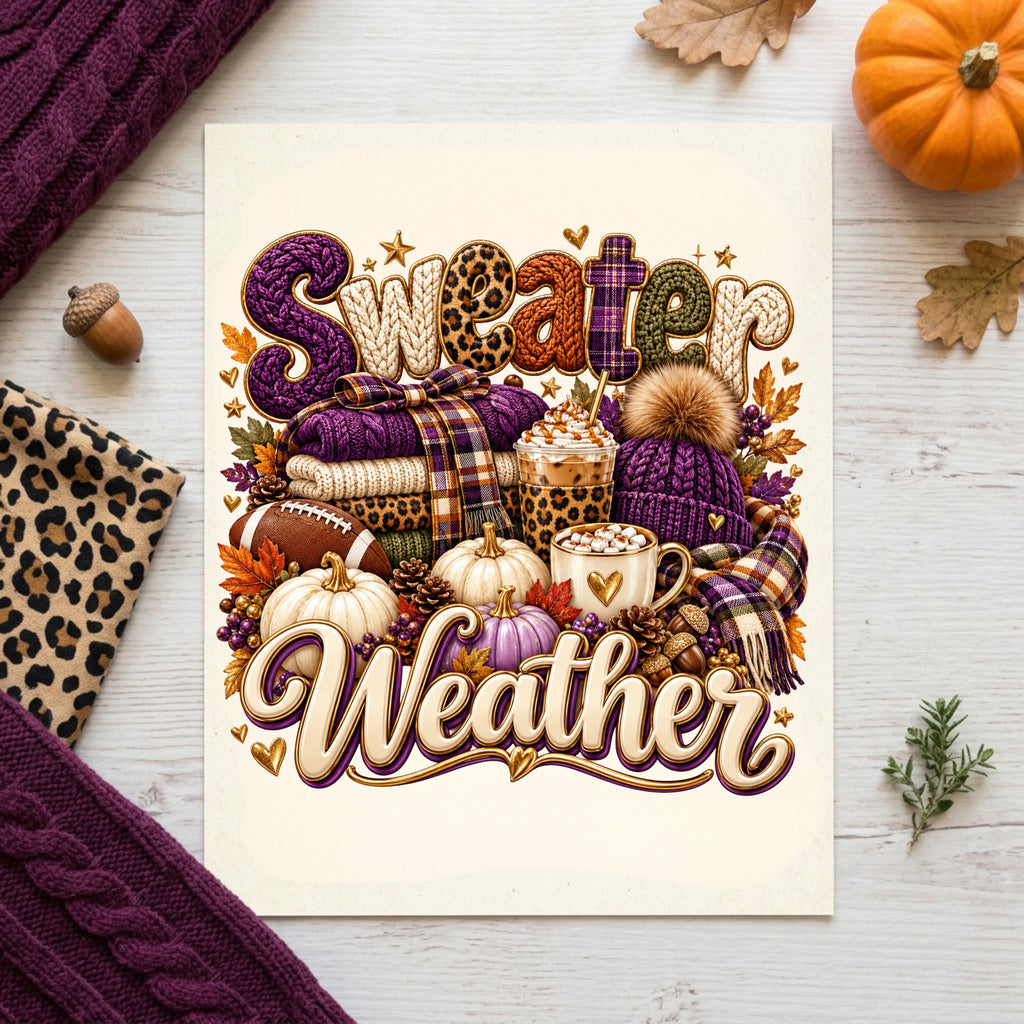 Sweater Weather Fall Vibes Digital Art Print — Purple, Cream, Green & Leopard Print